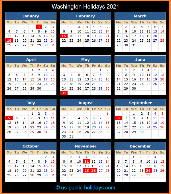 Washington Holiday Calendar 2021